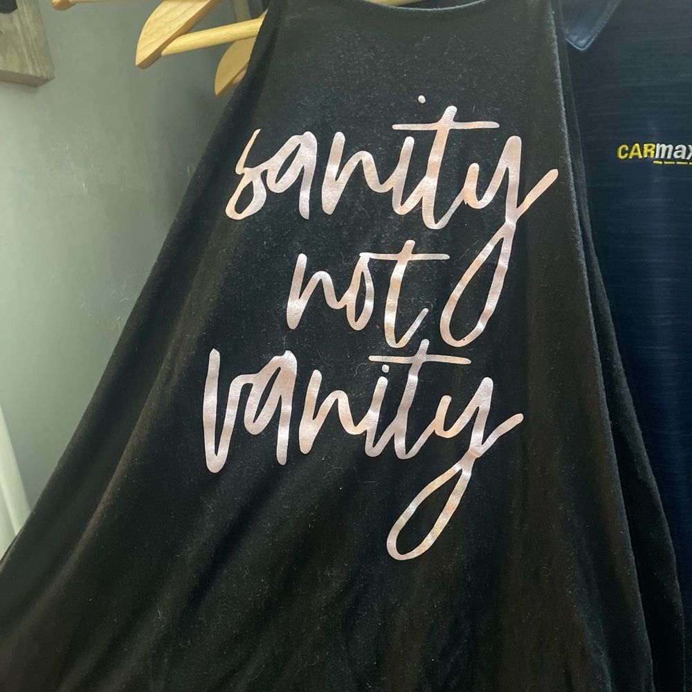 Black Tank Top with Pink Text Sanity Not Vanity the Be Brand
